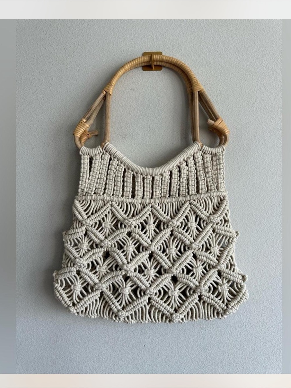 Anthropologie Amara Macramé Tote Bag Woven Cotton Rattan Handle Like New